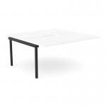 This image shows a sleek and modern office bench desk, with add-on units for increased workspace. The scallop top design adds a unique touch, and the white and black color scheme gives it a professional look. Perfect for a two-person work setup.