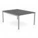 The picture shows a modern office bench with open legs and scalloped top, designed for two people. It measures 1200 x 800 and is in a sleek graphite and silver color.