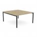 The photo depicts a modern office bench desking setup featuring two workstations, open leg design, and a scallop top. The dimensions are 1400 x 800 and the color is urban oak with black accents.