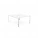 The photograph captures a clean and modern office space with two white C-sense 2 person bench desks. The open leg design and scallop top add a sleek touch, while the 1400 x 800 size provides ample workspace. Perfect for a professional and organized work environment.