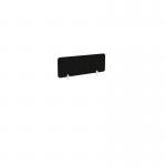 This sleek and modern office screen system features a PET screen and desk mounted design. The straight top measures 1190w x 400h and is covered in a plain black color. Brackets are not included.