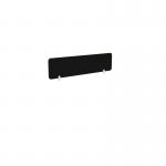 This photograph shows a sleek PET screen for office desks. The straight top measures 1590w x 400h and is a plain black color. The brackets are not included in the picture.
