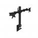 The picture shows a white double desktop monitor arm, with a sleek and minimalistic design. The arms are adjustable and can hold two monitors. A seamless addition to any modern office space.