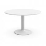 The image shows a white round table with a cylinder base in an office meeting room. The table is surrounded by chairs and has books and papers placed on it. A laptop and coffee cup can also be seen on the table.