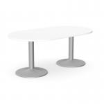 In the photo, we see a sleek and modern Kito meeting table measuring 1800mm with a round white top and a silver cylinder base. The design is perfect for an office setting, providing a professional and functional workspace for meetings and discussions.