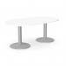 In the photo, we see a sleek and modern Kito meeting table measuring 1800mm with a round white top and a silver cylinder base. The design is perfect for an office setting, providing a professional and functional workspace for meetings and discussions.