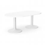A photo showing a stylish white round table with a cylindrical base, surrounded by chairs in a modern office setting. The clean lines and minimalist design create a professional and organized atmosphere for meetings and collaboration. The natural lighting and sleek tabletop add a touch of elegance to the workspace.