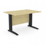 The image shows a spacious office with sleek, rectangular desks. The metal legs of the desks add durability while the maple finish brings a touch of warmth to the space. A simple yet functional design perfect for any modern workplace.