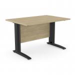 This photo displays a sleek and modern office environment featuring rectangular desks with metal legs in an urban oak finish. The 1200mm x 800mm straight desk design adds a touch of sophistication to any workspace, while the black accents provide a sharp contrast.