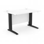The photograph captures a modern and sleek workspace featuring white rectangular desks with metal Komo legs. The desks measure 1200mm x 800mm and offer a spacious and organized work area. The black accents provide a sharp contrast against the white desk, making it a stylish addition to any office.