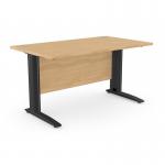 A modern and sleek office set-up featuring two sturdy metal leg desks in a warm beech finish with contrasting black details. The desks measure 1400mm x 800mm and are arranged in a straight formation, creating an efficient and organized workspace.