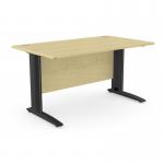 This image showcases a sleek and modern office setup with two metal-legged rectangular desks in a maple and black color scheme. The desks measure 1400mm x 800mm and provide a clean and organized work surface.