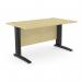This image showcases a sleek and modern office setup with two metal-legged rectangular desks in a maple and black color scheme. The desks measure 1400mm x 800mm and provide a clean and organized work surface.