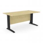 This image shows a rectangular office desk with metal legs and a maple finish. The desk is 1600mm x 800mm and has a simple, modern design. The black accents add a touch of sophistication to the overall look.