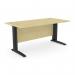 This image shows a rectangular office desk with metal legs and a maple finish. The desk is 1600mm x 800mm and has a simple, modern design. The black accents add a touch of sophistication to the overall look.
