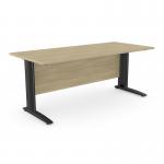 In the image, there are three rectangular desks in an office setting. The desks have a metal leg design and measure 1800mm by 800mm. They are finished in an urban oak color with black accents.