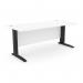 The photo shows a modern office with sleek, simple design. The rectangular desks have metal legs and measure 1800mm x 800mm. The color scheme is white and black.