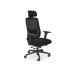 The image shows a modern and sleek black office desk chair with a headrest, perfect for any office setting. The chair features a sturdy black frame and is upholstered in black fabric for a professional look. It is designed for maximum comfort and functionality, making it a great addition to any office.