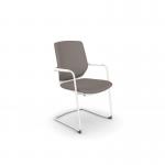In the image, an MCC-Y88 meeting chair with a sliding seat is shown in an office setting. The chair features a white frame and is upholstered in grey fabric. It is a sleek and modern design, perfect for any office space.