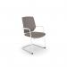 In the image, an MCC-Y88 meeting chair with a sliding seat is shown in an office setting. The chair features a white frame and is upholstered in grey fabric. It is a sleek and modern design, perfect for any office space.