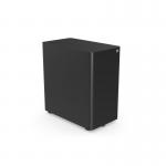 A sleek and modern office desk with a steel frame and high pedestals. The desk features a pencil holder, divider, and interlock function, perfect for staying organized and productive. The overall color scheme is black.