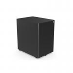 The picture shows an Edit office desk with high pedestals in Moda Steel. It measures 390w x 535h x 580d and features a pencil holder, divider, and interlock. The color is black, giving the desk a sleek and modern look.