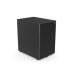 The picture shows an Edit office desk with high pedestals in Moda Steel. It measures 390w x 535h x 580d and features a pencil holder, divider, and interlock. The color is black, giving the desk a sleek and modern look.