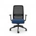In the photo, there are two blue mesh back chairs with adjustable arms and a black frame. The chairs have a navy fabric seat and their sleek design adds a professional touch to any office space.