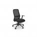 This photo shows sleek and modern black mesh back chairs with adjustable arms, perfect for any office setting. The vinyl black seat adds comfort and the black frame adds a professional touch.