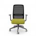 The photo shows a sleek office chair with a grey frame and a vibrant green fabric seat. It features adjustable arms and a mesh back for comfort and support. Perfect for a modern and efficient work environment.