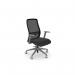 The photograph captures a sleek grey mesh back office chair with adjustable arms and a black vinyl seat. The NV chair has a modern look with a sturdy, grey frame.