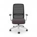 The picture of this edit office mesh back chair shows a sleek and modern design with a white frame and grey fabric seat. It features adjustable arms for added comfort and a breathable mesh back for optimal support. Perfect for any professional workspace.