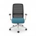 This photo features sleek and modern mesh back chairs in a light blue fabric seat. The white frame and adjustable arms add functionality, making it the perfect choice for any modern office space.