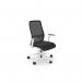 This picture features an office with sleek and modern mesh back chairs. The chairs have adjustable arms and a lime frame, adding a pop of color to the space. The seats are made of black vinyl, creating a comfortable and professional look.