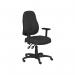 The image shows a pair of black office chairs with high backs and adjustable armrests. They have a swivel base made of nylon and the backrests are covered in a black fabric. The chairs also feature step arms for added comfort.
