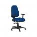 This photo features a sleek and modern office space with high back swivel chairs in a vibrant blue color. The chairs have adjustable arms and a sturdy nylon base, making them both functional and stylish.