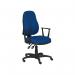 The picture shows a set of high back office chairs with a modern design. The chairs have a nylon base and fixed arms, and they can swivel for easy movement. The color is a vibrant blue, making them a stylish addition to any office space.