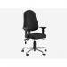 This photo showcases an edit office heavy-duty seating featuring an O.E 24h Series Alpha chrome base, suprex seat slide, lumbar support, and galaxy black arms. The sleek black design is complemented by the polished chrome base, making it a stylish addition to any workspace. The adjustable lumbar support and armrests provide added comfort for extended use.