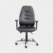 This picture features a professional office desk with four sleek black swivel chairs. The chairs have three levers and a chrome base, with step PU sliding arms for added comfort. The overall look exudes sophistication and functionality.