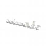 The photo shows a sleek and organized office setup with a cable basket measuring 1040mm in a narrow design, shining in a soft silver color. The basket is specifically designed for efficient cable management in an office space.