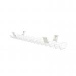 The image shows a white narrow cable basket in an office setting. Its dimensions are 1040mm and it is designed for cable management in an office environment. The basket appears to be neatly organized and can effectively hold various cables and wires in place.