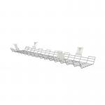 In the photo, there is an office cable management cable basket measuring 1040mm in width. It is sleek and silver in color, adding a modern touch to any workspace. The basket is strategically designed to keep cables organized and out of sight for a clean and clutter-free desk.