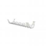 The picture shows a narrow, silver cable basket for office cable management. It is designed to organize and contain cables for a tidy and clutter-free workspace. The basket measures 760mm in length.