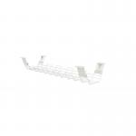 The image shows a sleek, white office cable management cable basket that measures 760mm in length and has a narrow width. The design allows for clean and organized cable routing to keep the workspace clutter-free.