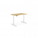The image shows a round, curved bamboo top office desk with a white frame. The desk is fully adjustable for sit and stand positions, with a size of 1200 x 700mm. It features a modern and sleek design, perfect for any office space.