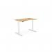 The image shows a round, curved bamboo top office desk with a white frame. The desk is fully adjustable for sit and stand positions, with a size of 1200 x 700mm. It features a modern and sleek design, perfect for any office space.