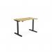 This photo shows an edit office with a variety of sit stand and height adjustable desks. The roundE height adjust desk features a rectangular bamboo top and a sleek black frame. Perfect for creating a customizable and ergonomic workspace.