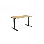 This picture features a spacious, curved bamboo top desk with a sleek black frame. The desk is equipped with height adjustable and sit stand capabilities. It measures 1400 x 700mm and is perfect for any office setting.