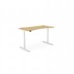 The photo shows a round, height-adjustable desk with a curved bamboo top and a white frame. The office sit-stand desk is 1400 x 700mm and perfect for a modern workspace. It can be adjusted to suit different heights and positions for a comfortable and ergonomic work experience. The sleek design adds a touch of style to any office setting.