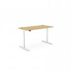 This photograph features an edit office setup, showcasing sit-stand and height adjustable desks in a round and rectangular shape. The desks have a beautiful bamboo top and a sleek white frame, measuring 1400 x 700mm. This modern and functional workspace is perfect for any professional setting.